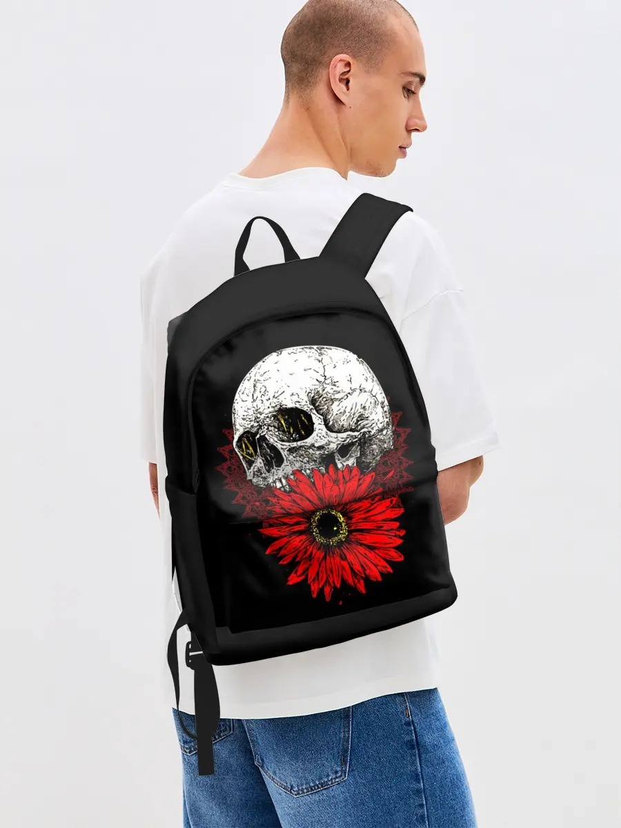 Рюкзак джинсовый / Череп и Красный Цветок | Skull