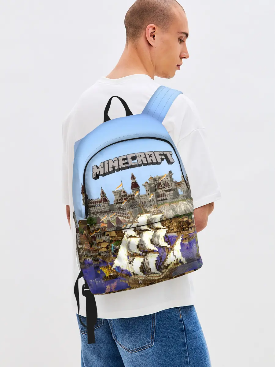 Рюкзак джинсовый / Корабль и замок в манкрафт.