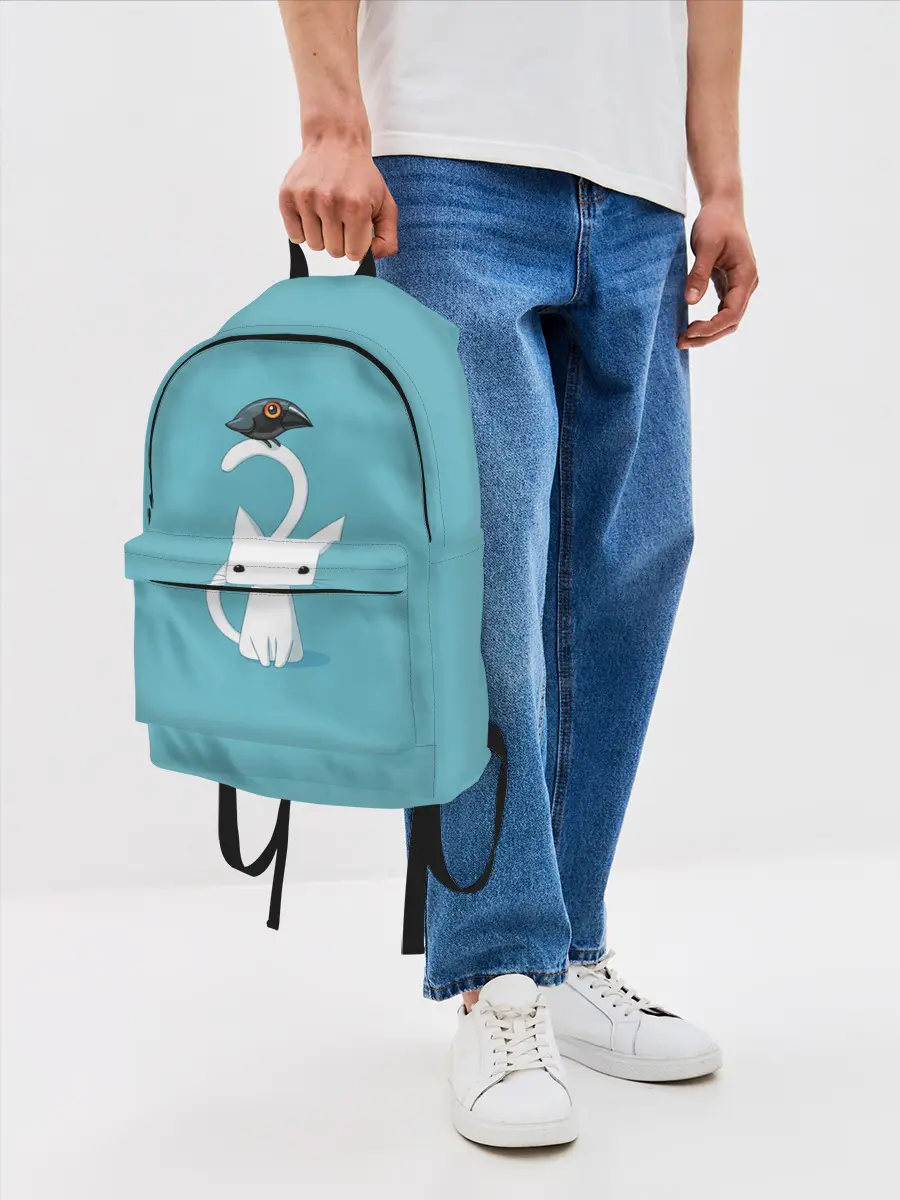 Рюкзак джинсовый / Белый котик и воробушек