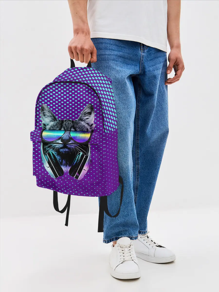 Рюкзак джинсовый / Кот очки наушники модный