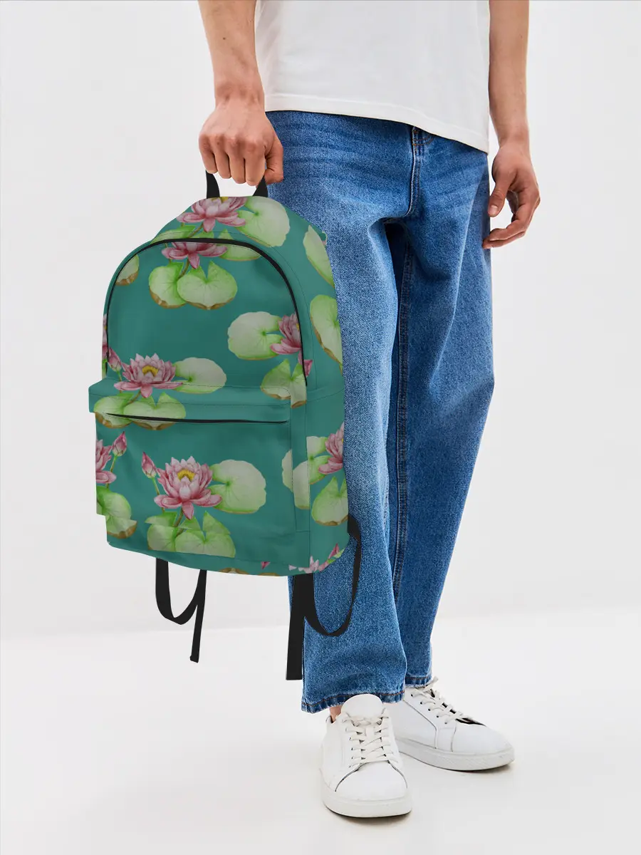 Рюкзак джинсовый / Лотосы на темно бирюзовом фоне