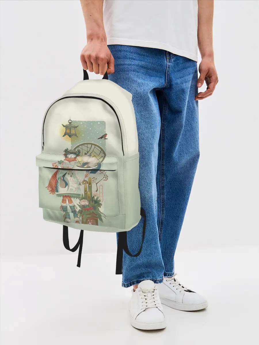 Рюкзак джинсовый / девушка кимоно зима Япония кот