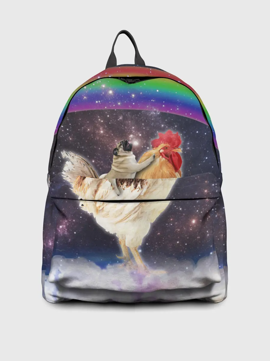 Рюкзак джинсовый / Мопс на курице в космосе