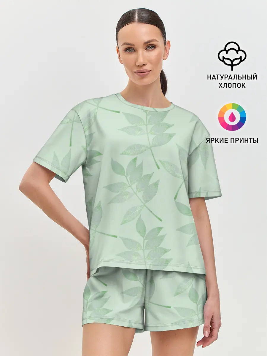 Женская пижама с шортами / Зеленые листья на светло зеленом