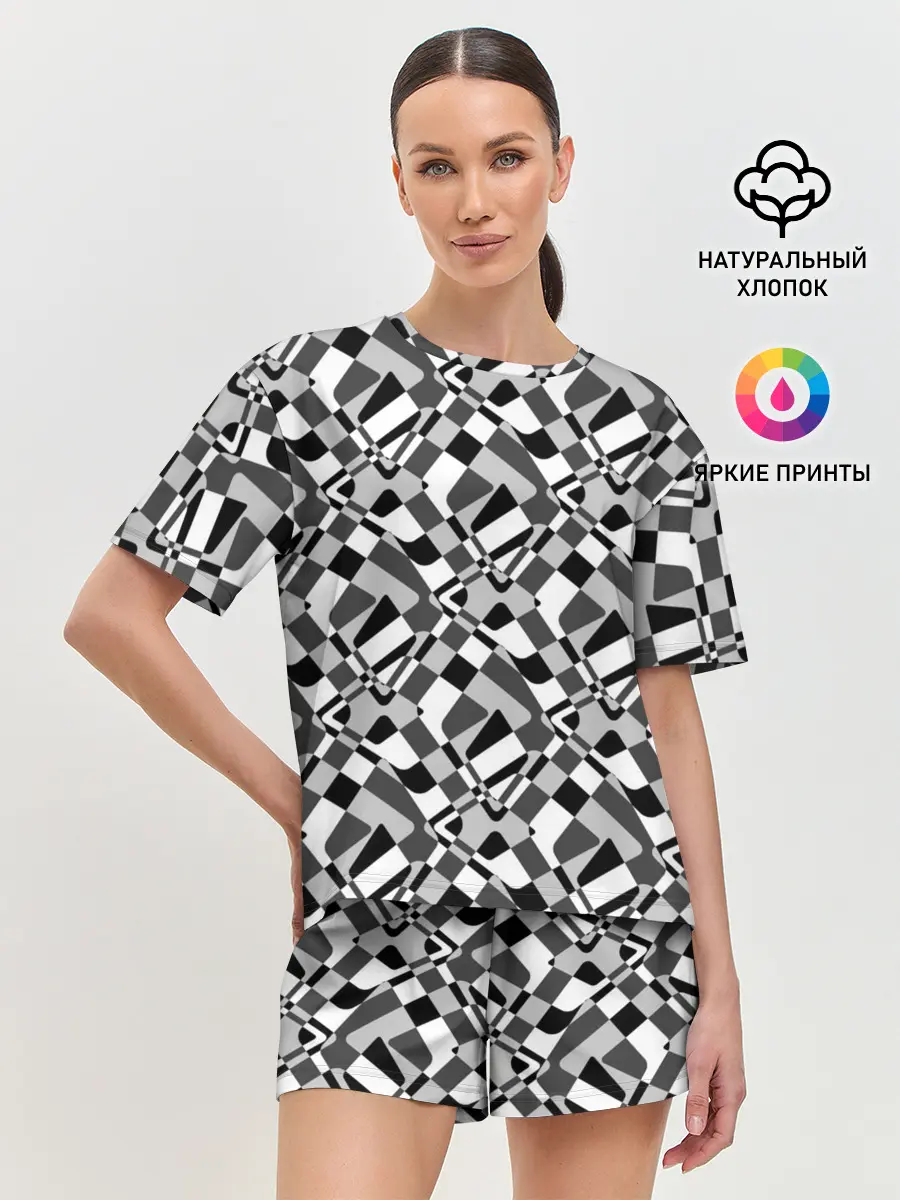 Женская пижама с шортами / Черно-белый абстрактный узор