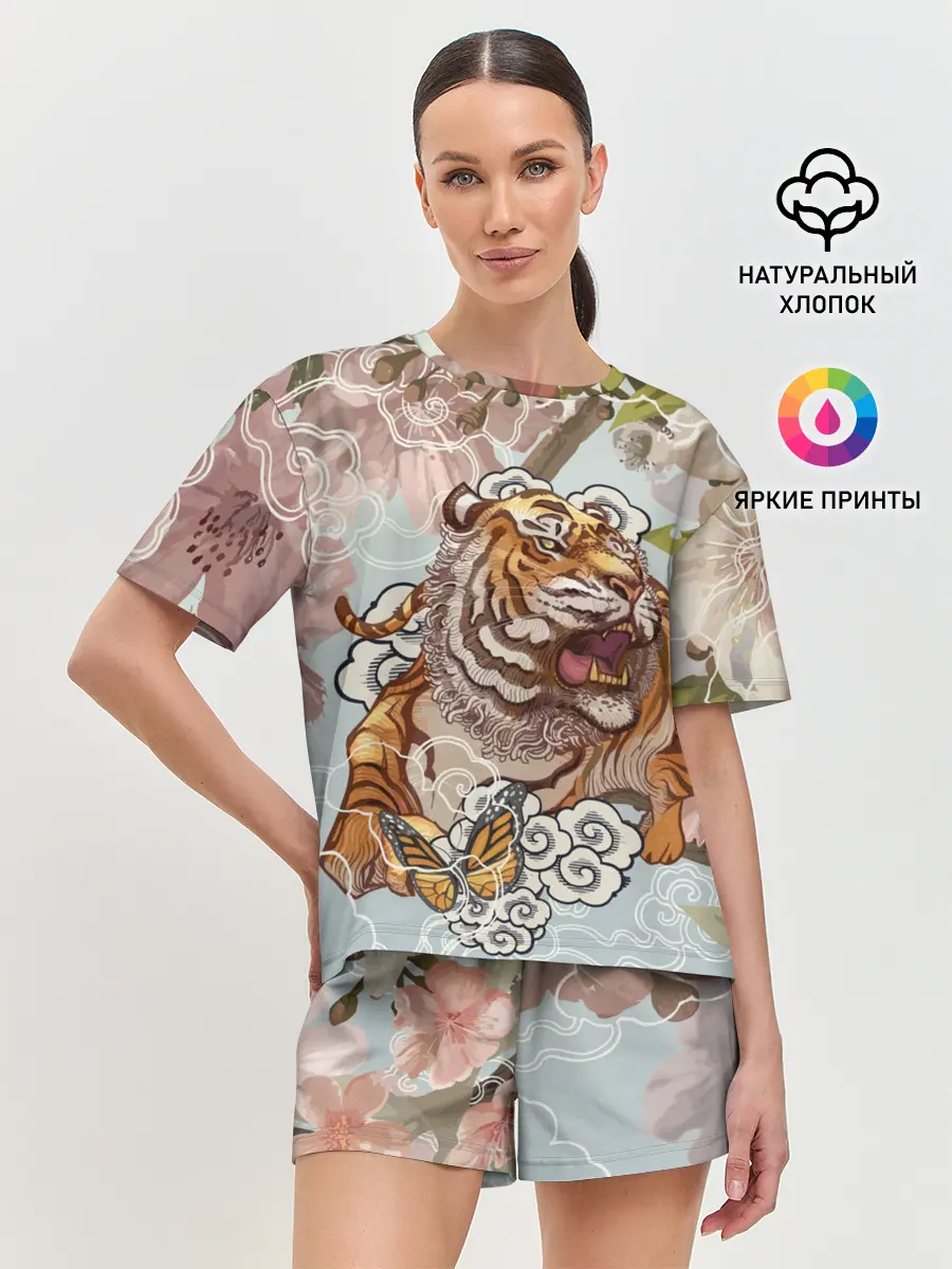 Женская пижама с шортами / Тигр в облаках