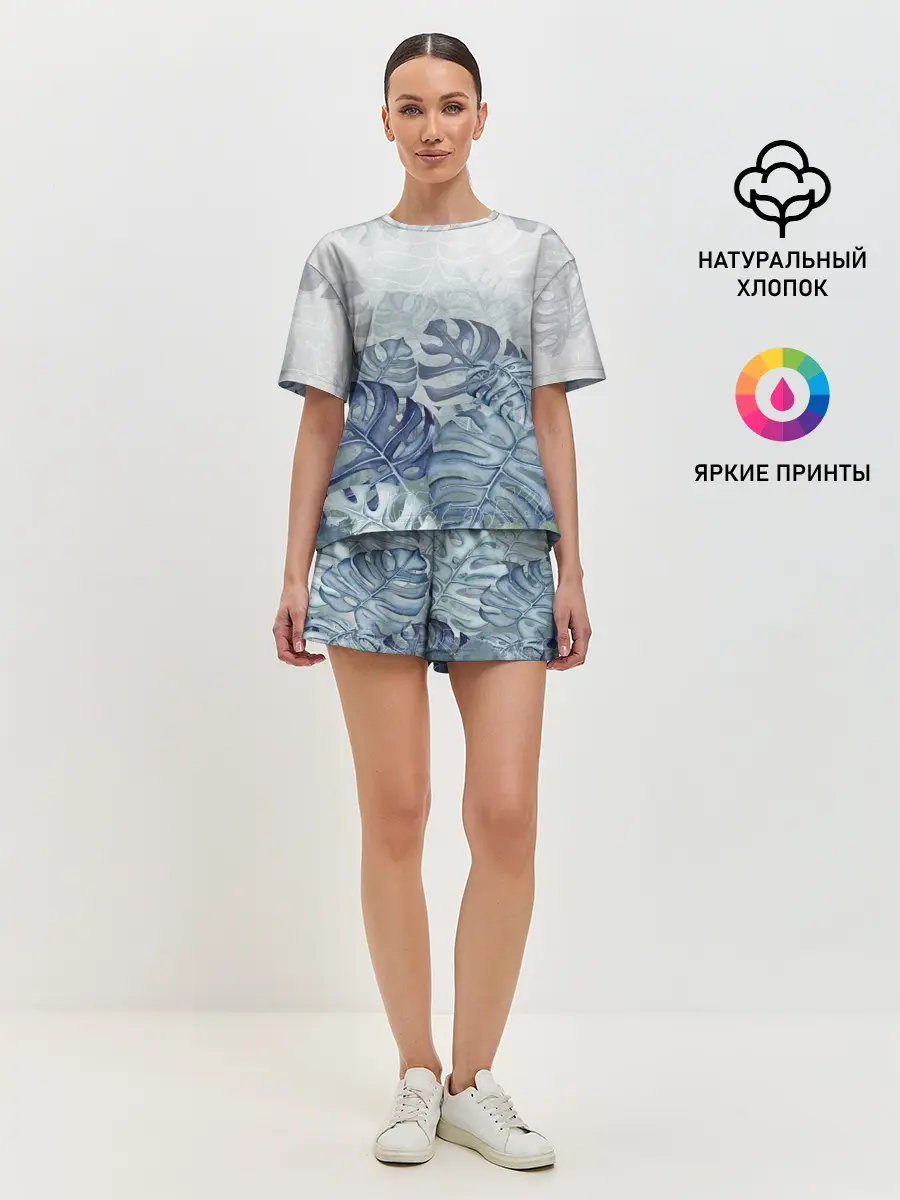 Женская пижама с шортами / Синие листья