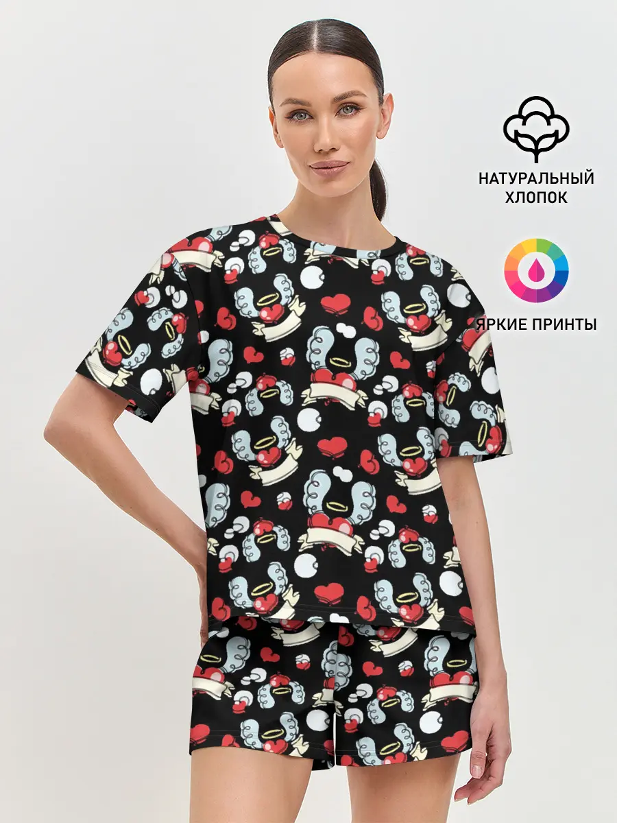 Женская пижама с шортами / Сердца с крыльями