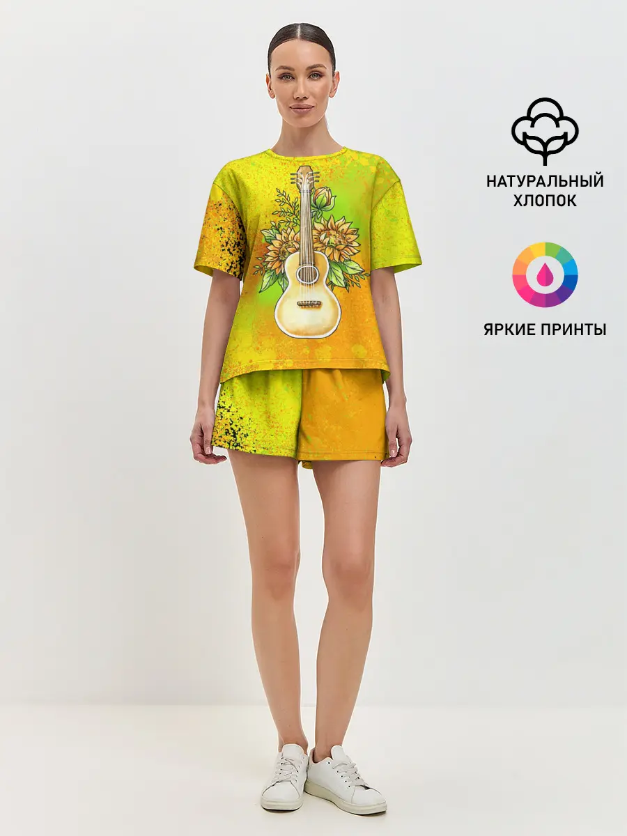 Женская пижама с шортами / Гитара и подсолнухи