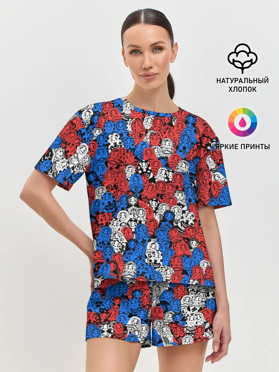 Женская пижама с шортами / Бело-сине-красные матрёшки