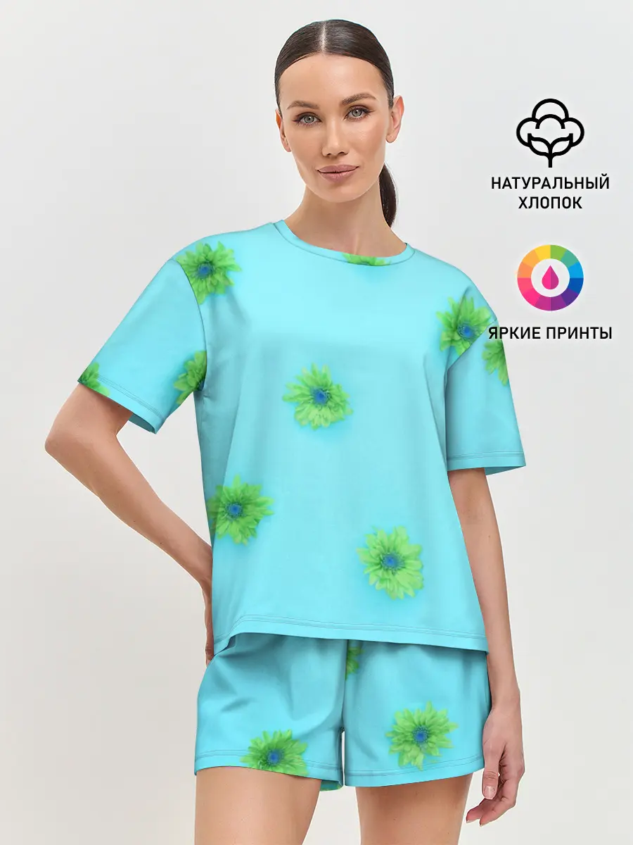 Женская пижама с шортами / Зеленые Цветочки
