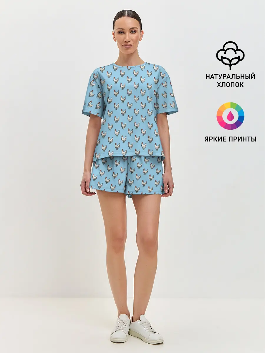 Женская пижама с шортами / Белая курочка паттерн