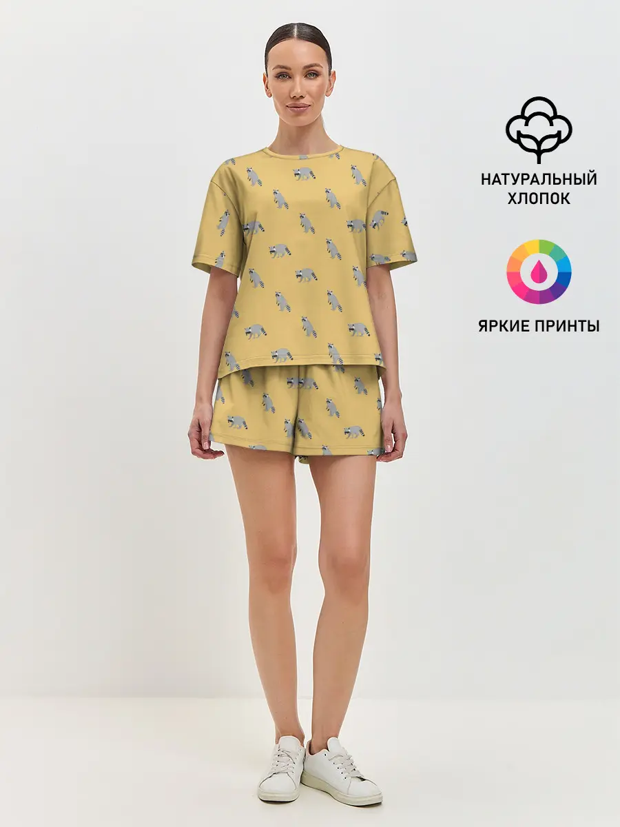Женская пижама с шортами / Еноты паттерн