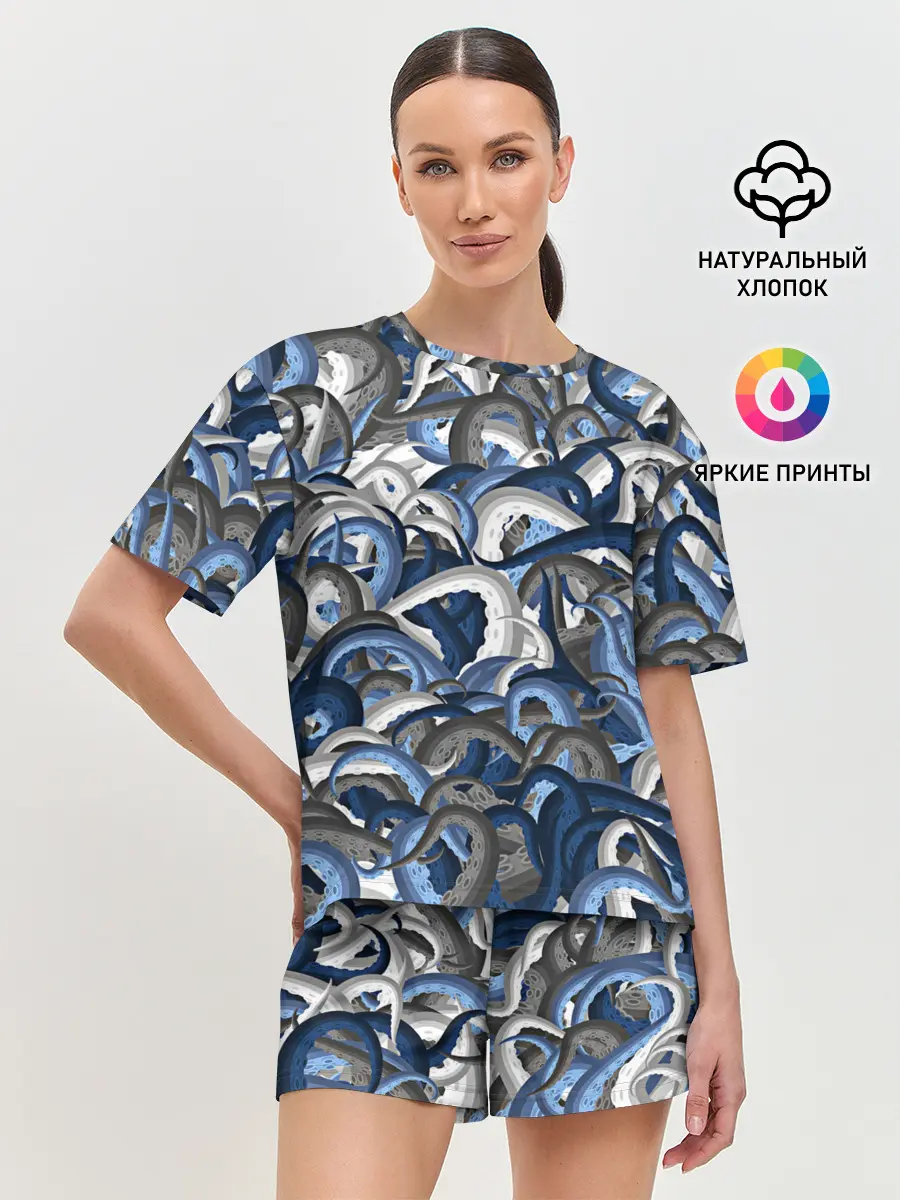 Женская пижама с шортами / Синий камуфляж с щупальцами
