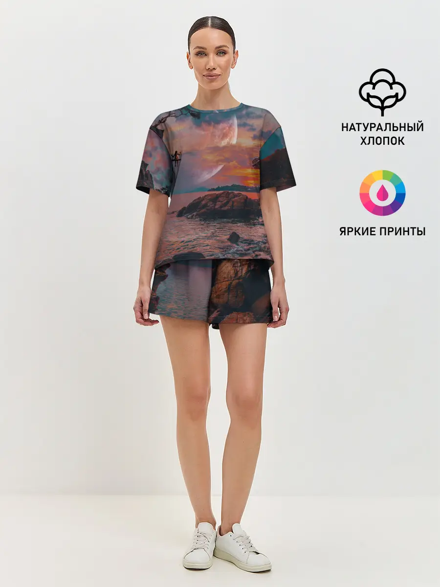 Женская пижама с шортами / закат на качелях