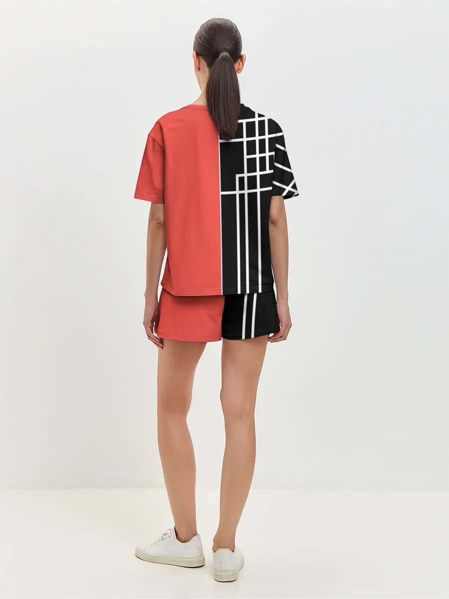 Женская пижама с шортами / Черный и коралловый арт деко