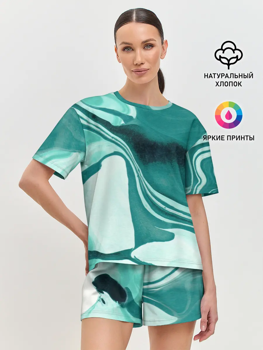 Женская пижама с шортами / красочный зелёный развод