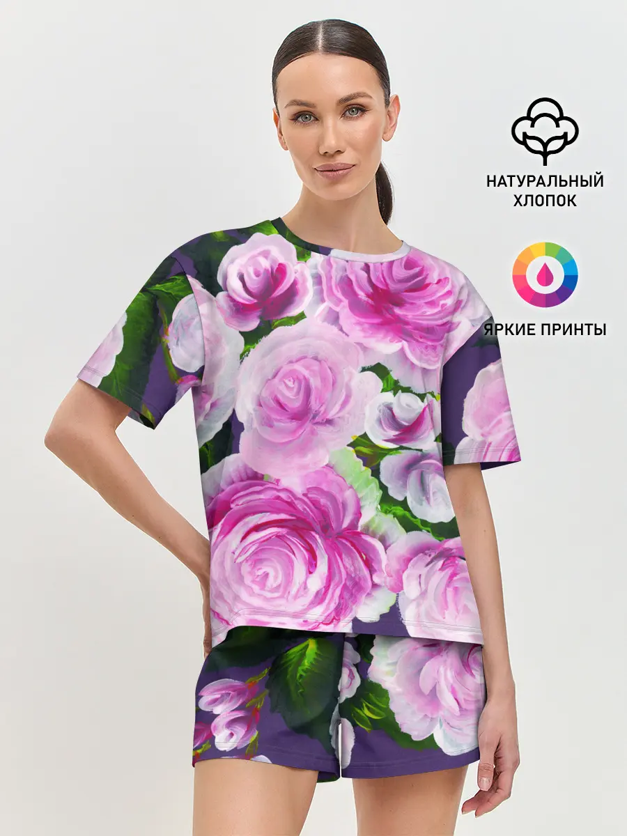 Женская пижама с шортами / Цветы Розовые Розы красками