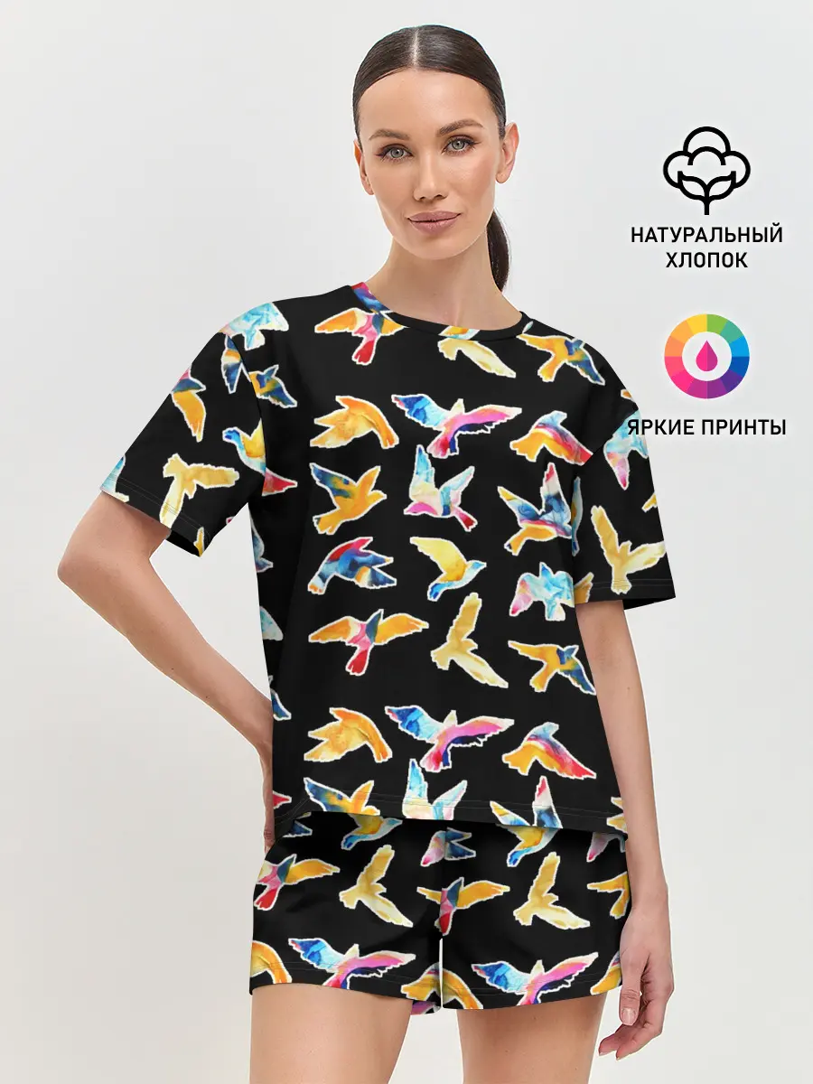 Женская пижама с шортами / акварельные птицы