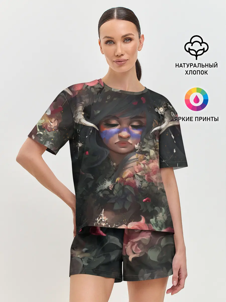 Женская пижама с шортами / Суккуб | Демонесса в цветах