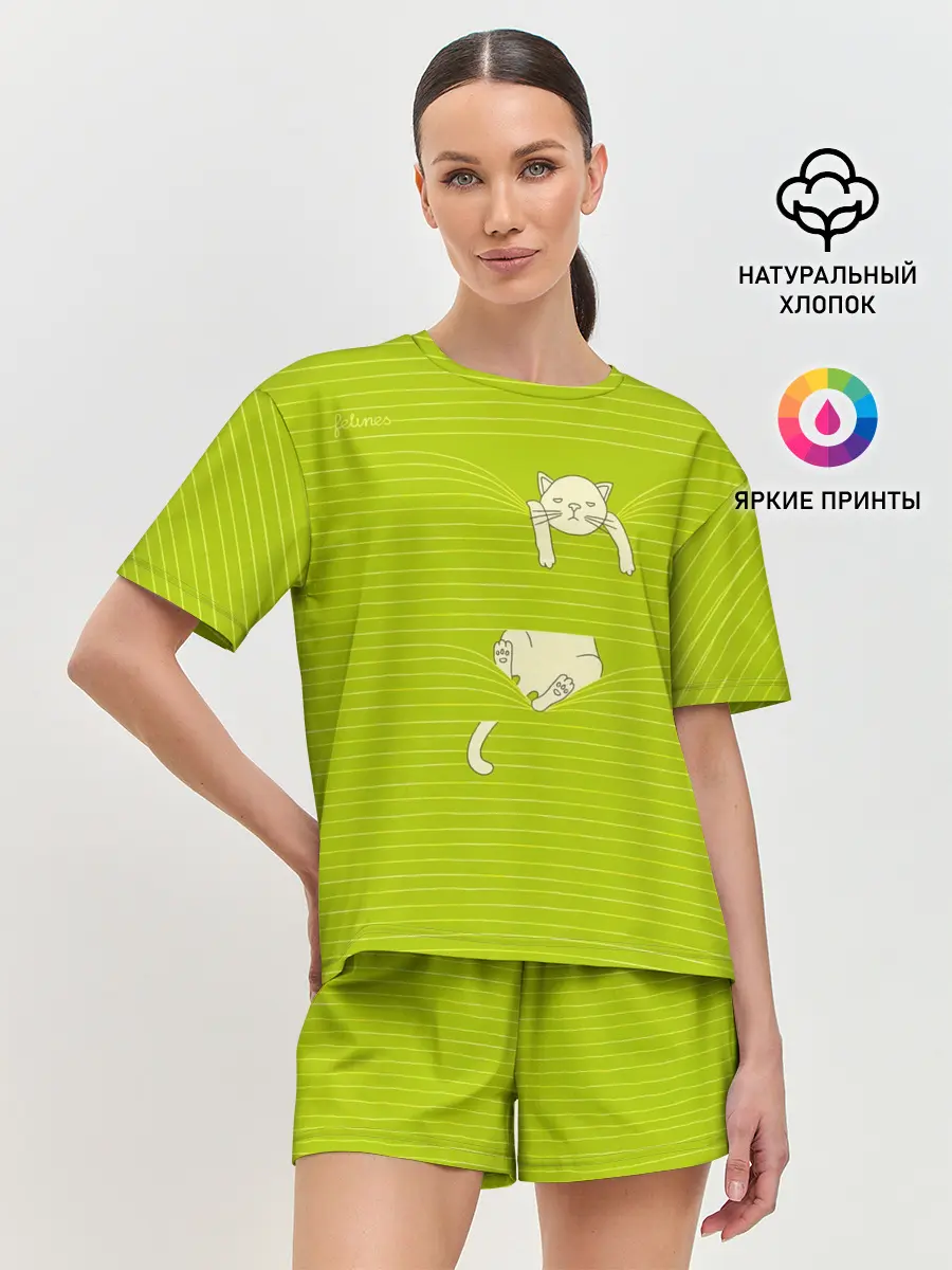 Женская пижама с шортами / Котик запутался в нитках