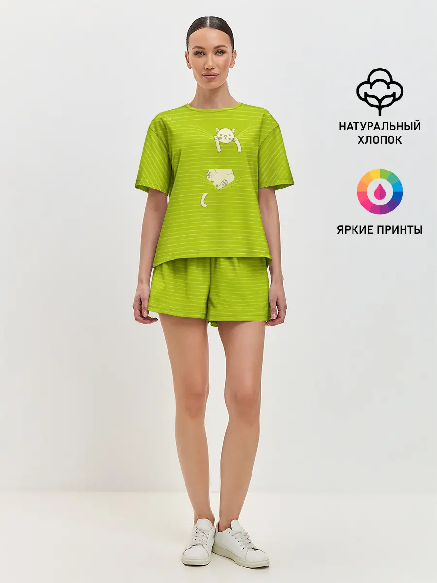 Женская пижама с шортами / Котик запутался в нитках