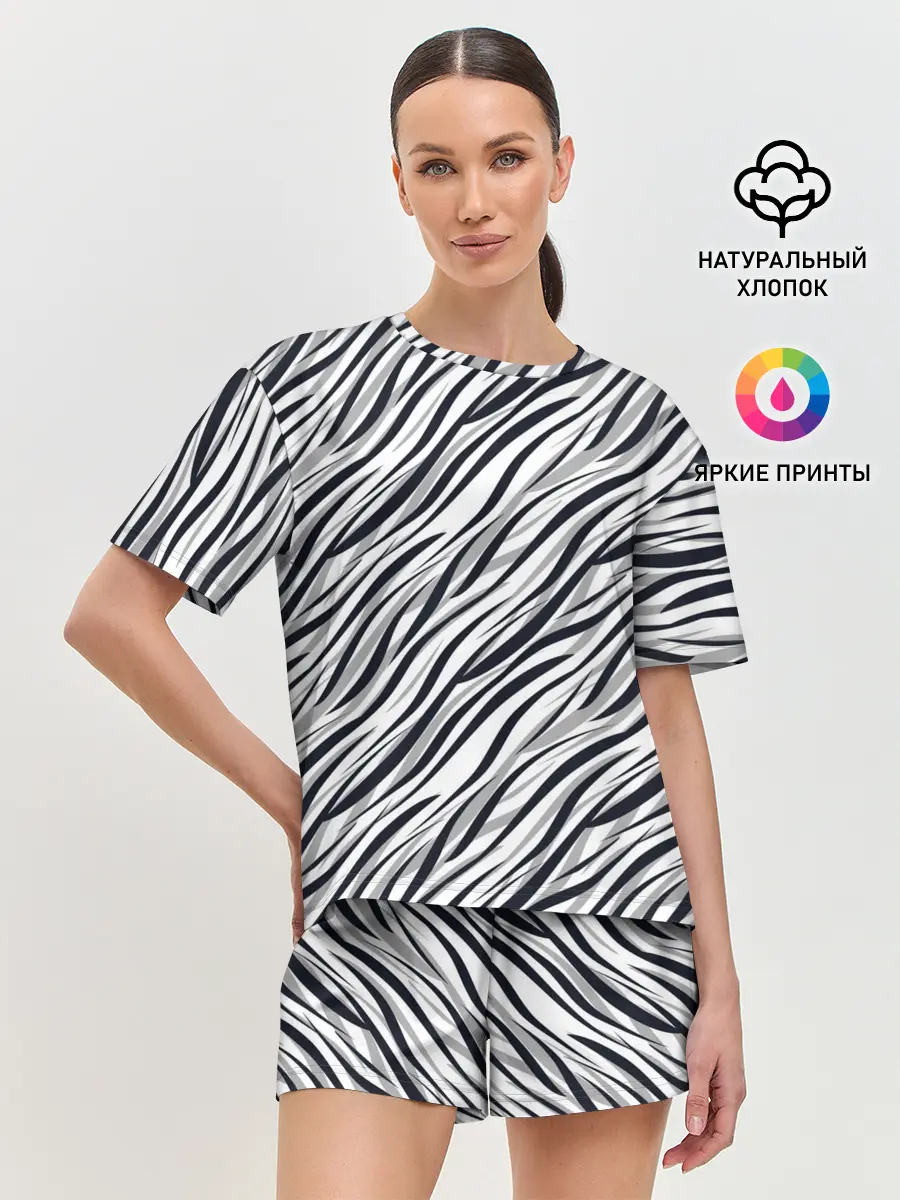 Женская пижама с шортами / Черно-белый полосатый тигровый