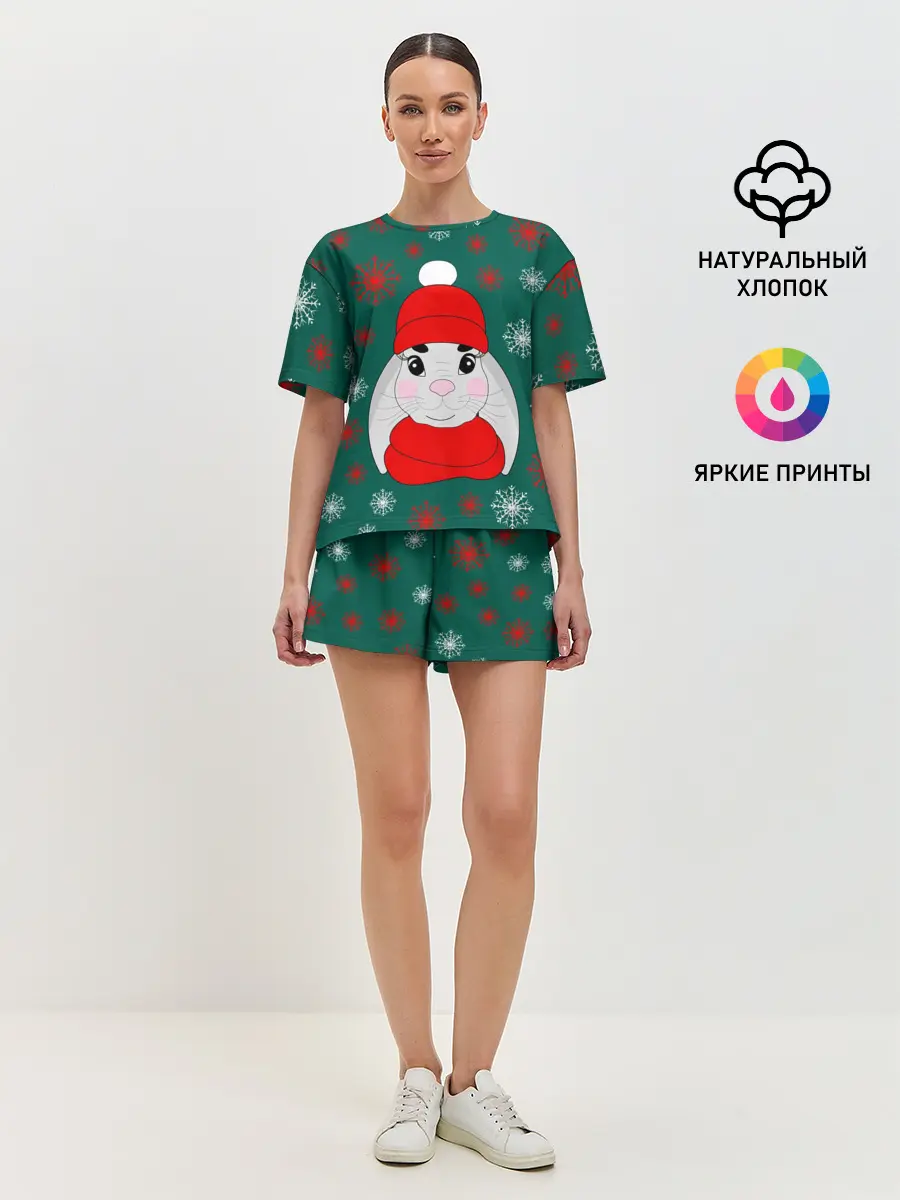 Женская пижама с шортами / зимний кролик и снежинки