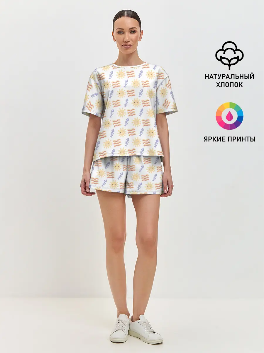 Женская пижама с шортами / летнее солнце и волны