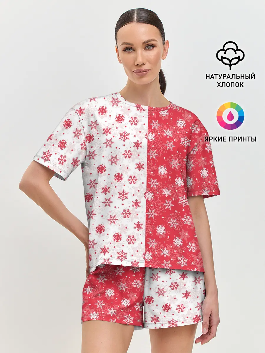Женская пижама с шортами / Снежинки - новогодние узоры