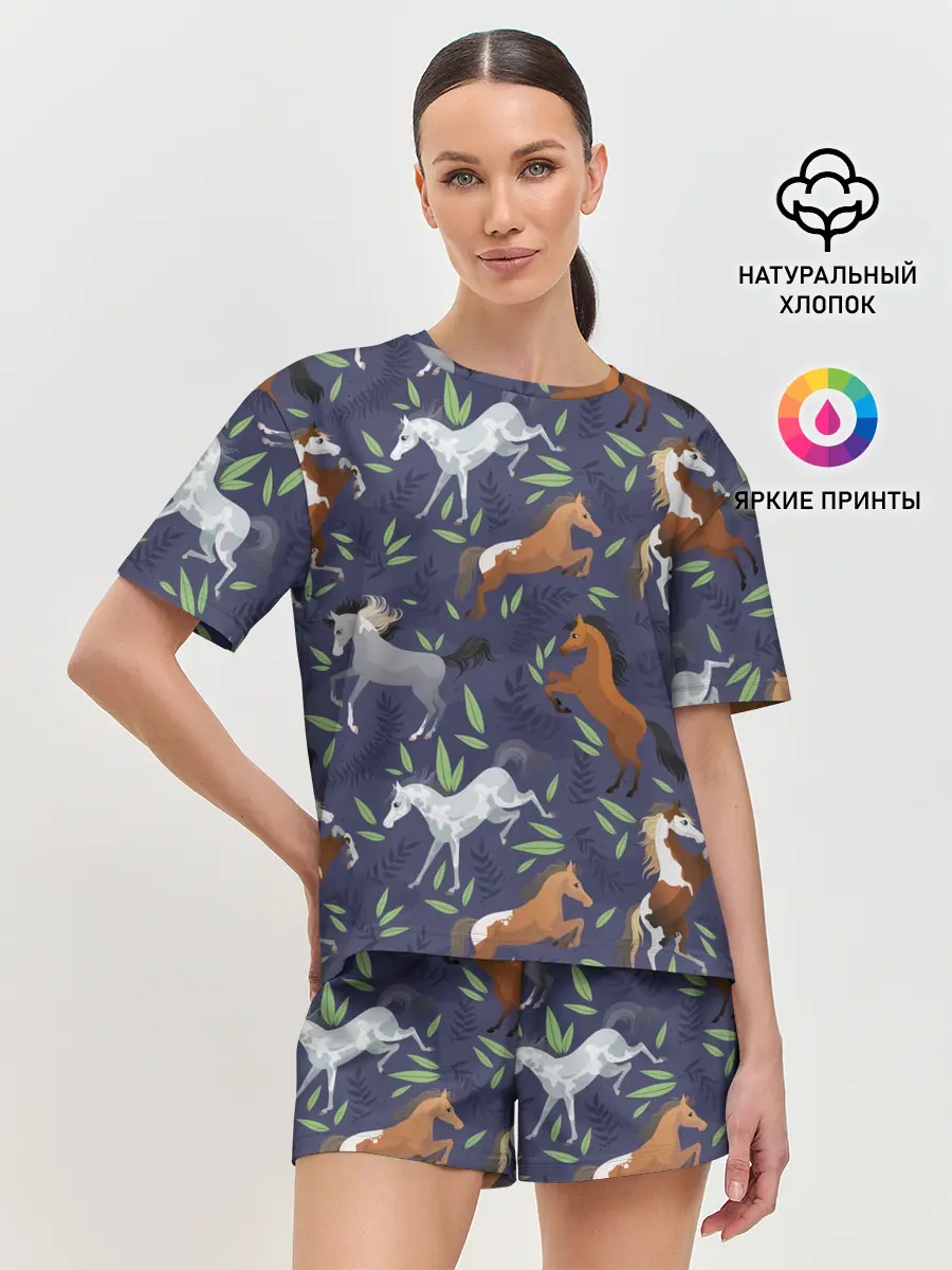 Женская пижама с шортами / Лошадки узор