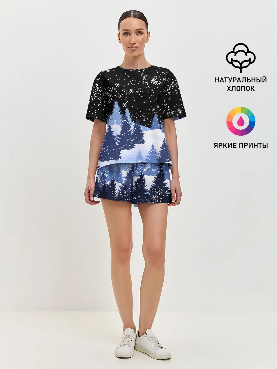 Женская пижама с шортами / Снежная ночь в зимнем лесу