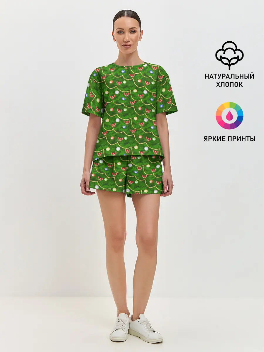 Женская пижама с шортами / Новогодняя Ёлка с Игрушками