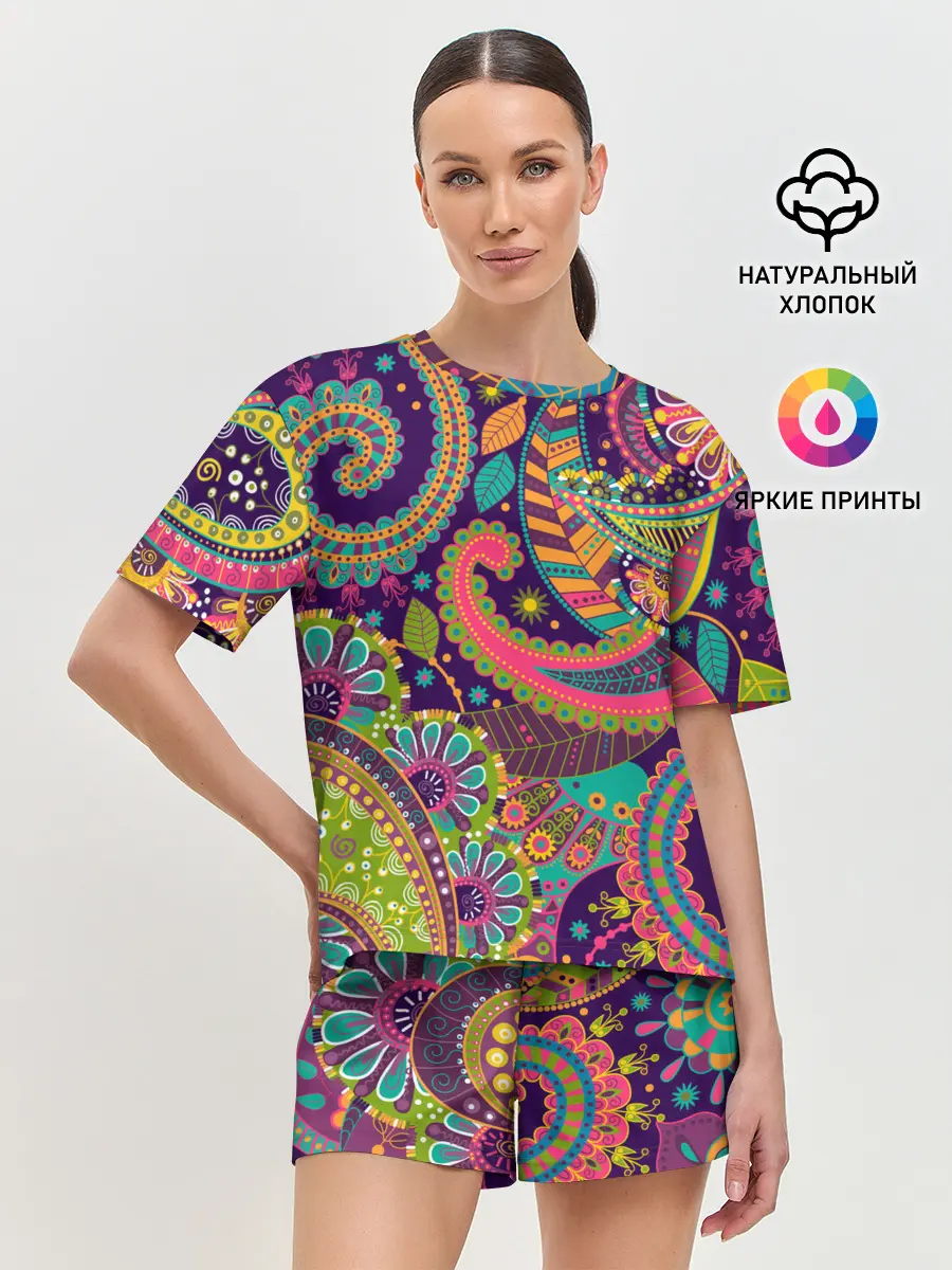 Женская пижама с шортами / Яркий красочный узор