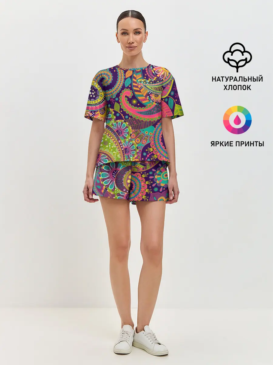 Женская пижама с шортами / Яркий красочный узор
