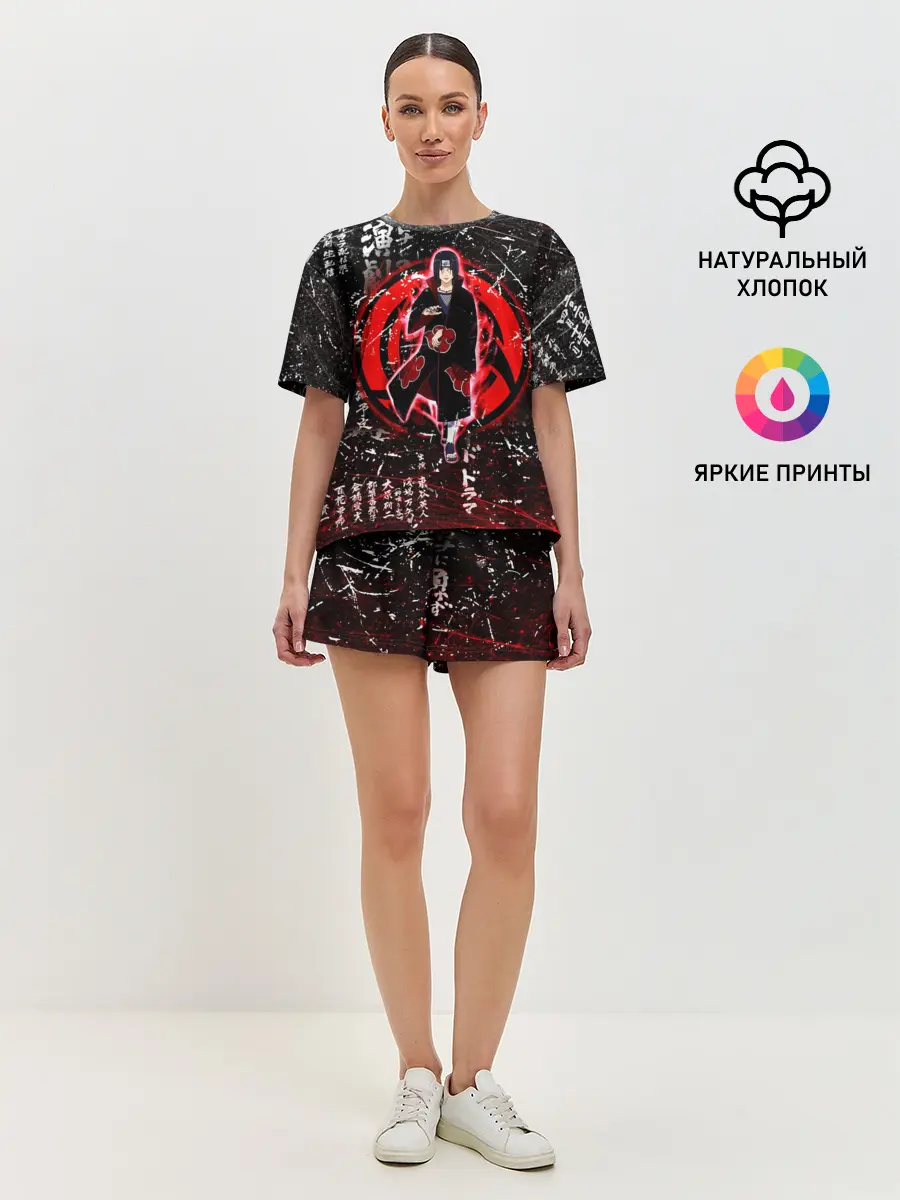 Женская пижама с шортами / ИТАЧИ УЧИХА ИЕРОГЛИФЫ гранж