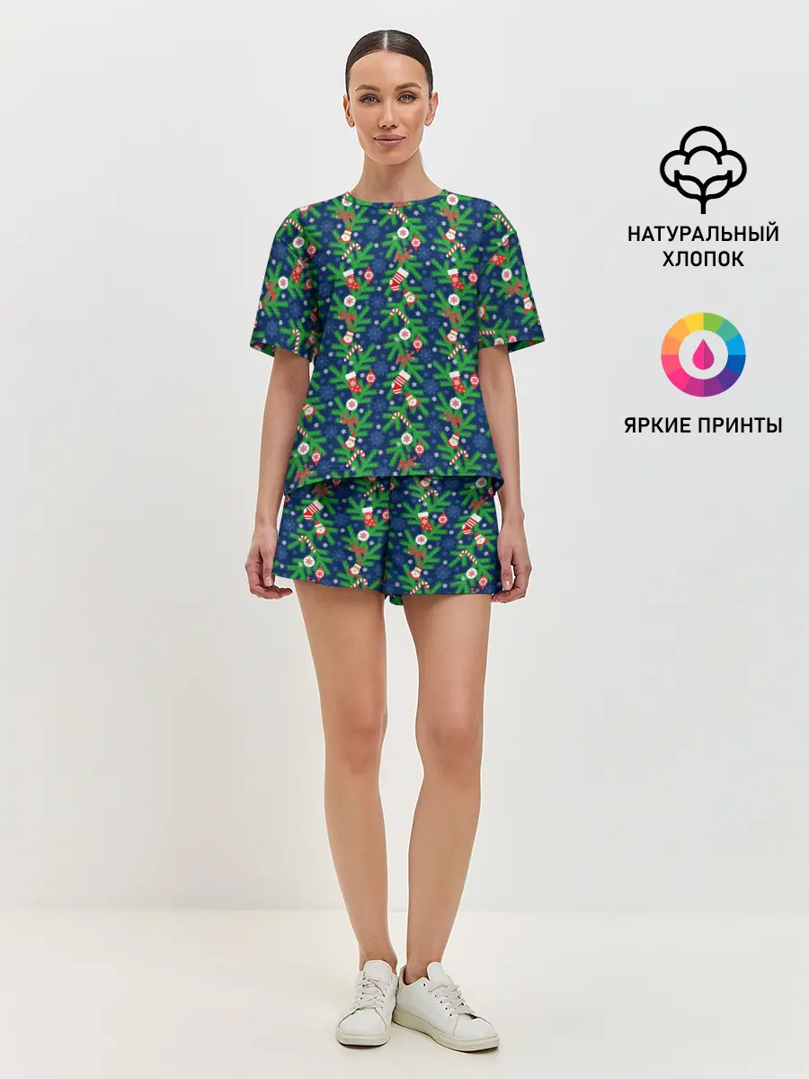 Женская пижама с шортами / Новогодние Игрушки на Ёлке