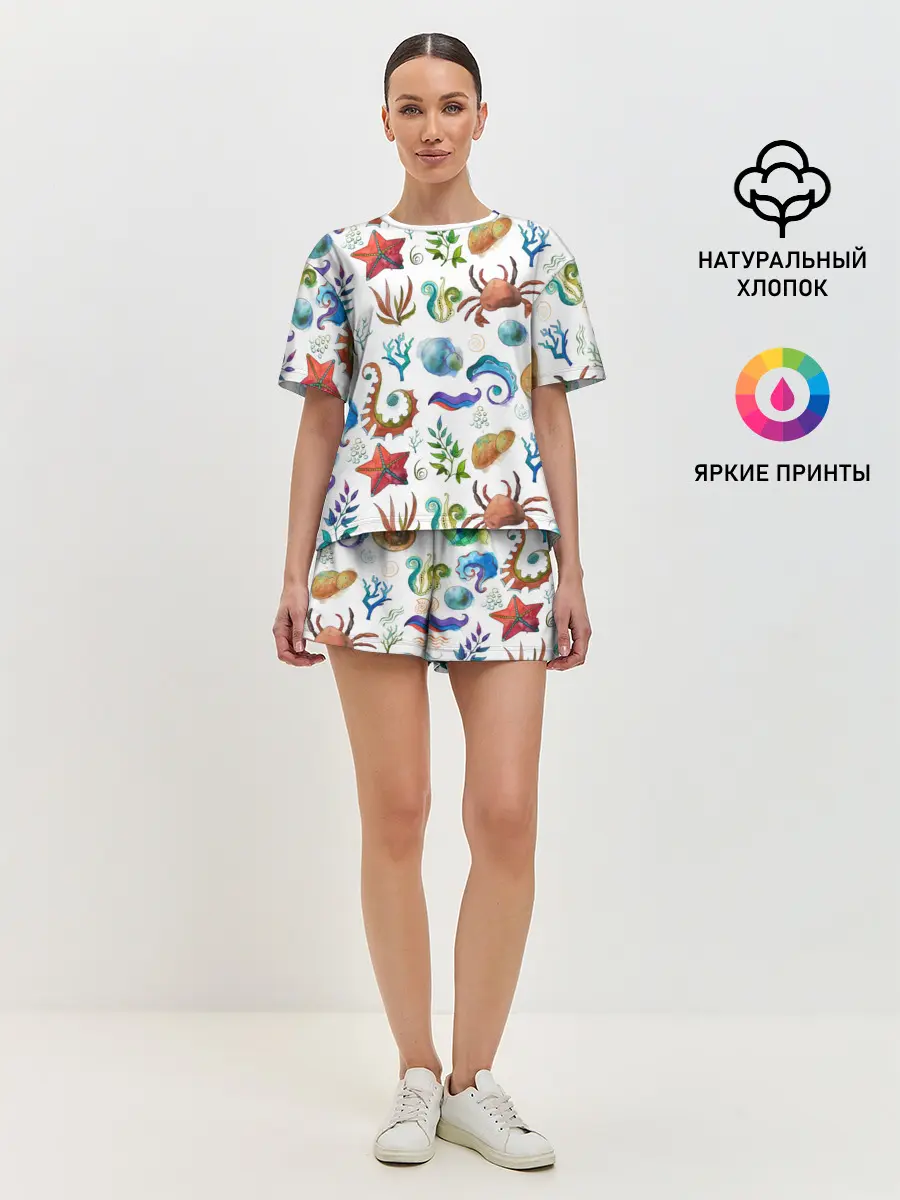 Женская пижама с шортами / Морской паттерн с крабами и водорослями