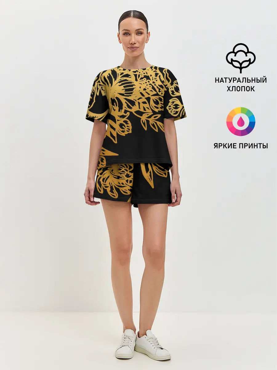 Женская пижама с шортами / Золотые цветы на белом