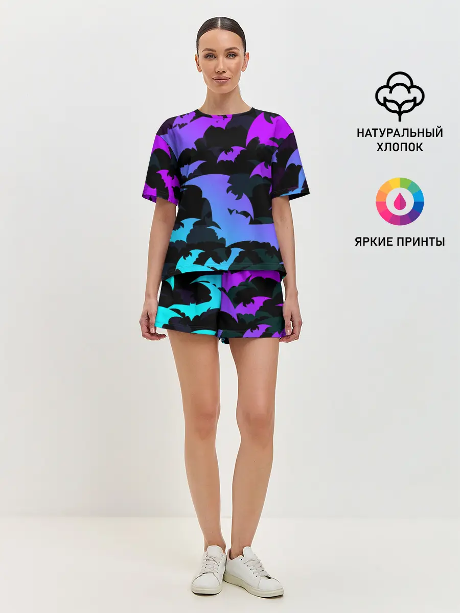 Женская пижама с шортами / ЛЕТУЧИЕ МЫШИ ХЕЛЛОУИН НЕОН / HALLOWEEN NEON