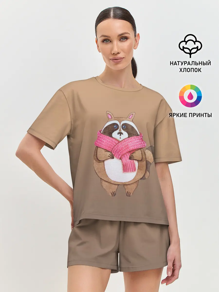 Женская пижама с шортами / акварельный енотик