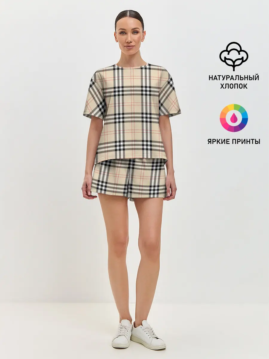 Женская пижама с шортами / клетчатый принт в стиле Burberry