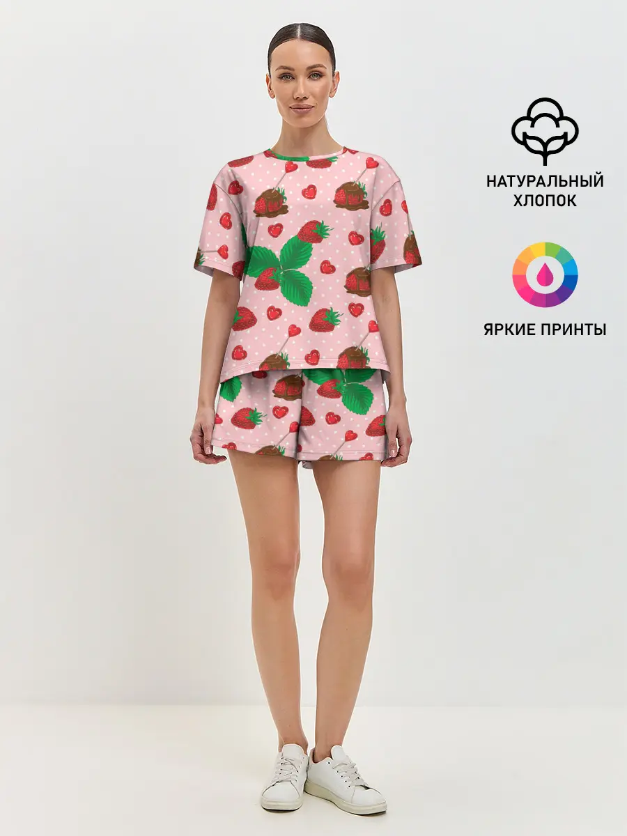Женская пижама с шортами / Клубника в шоколаде