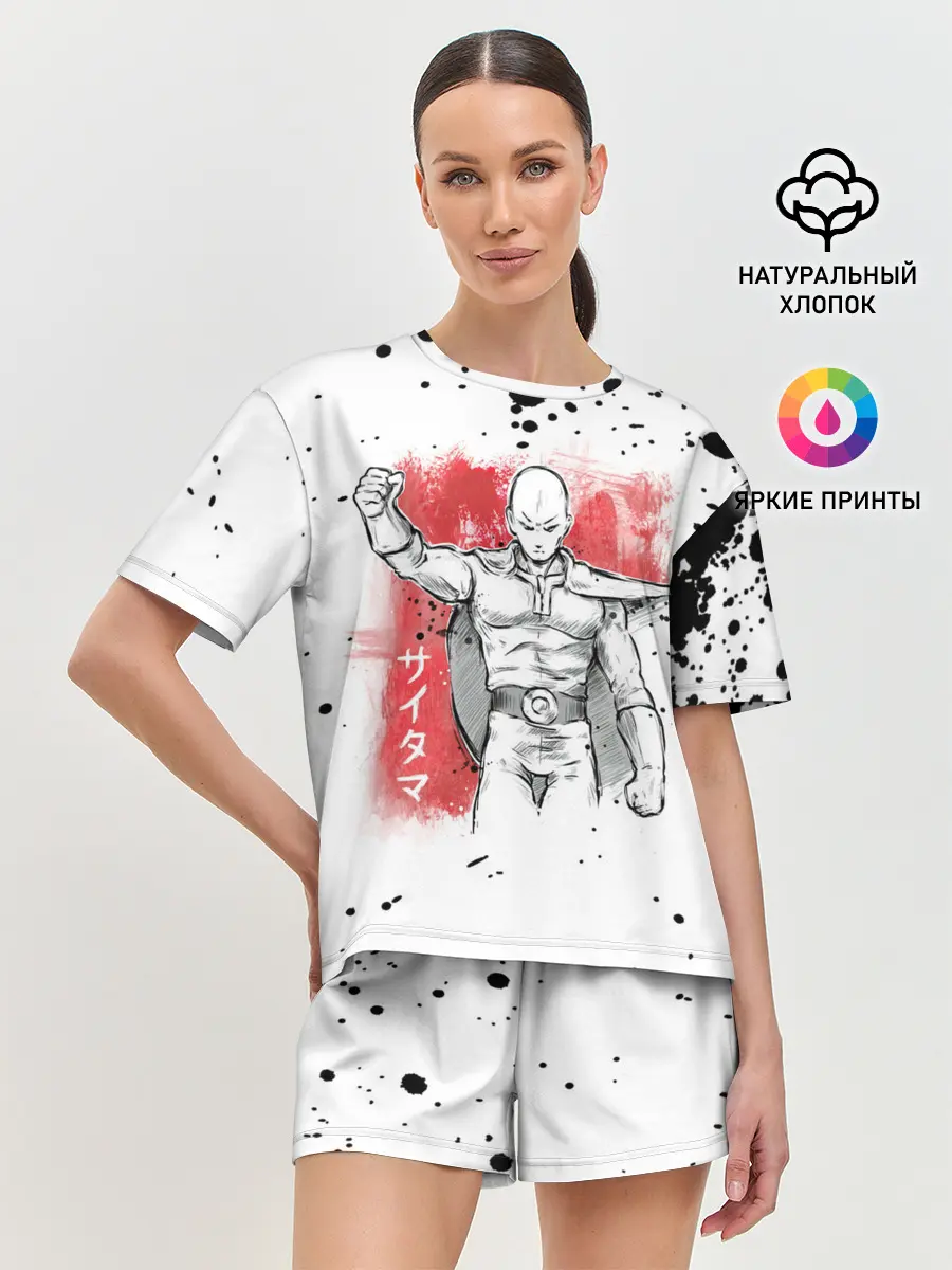 Женская пижама с шортами / One Punch-Man черные брызги Сайтама