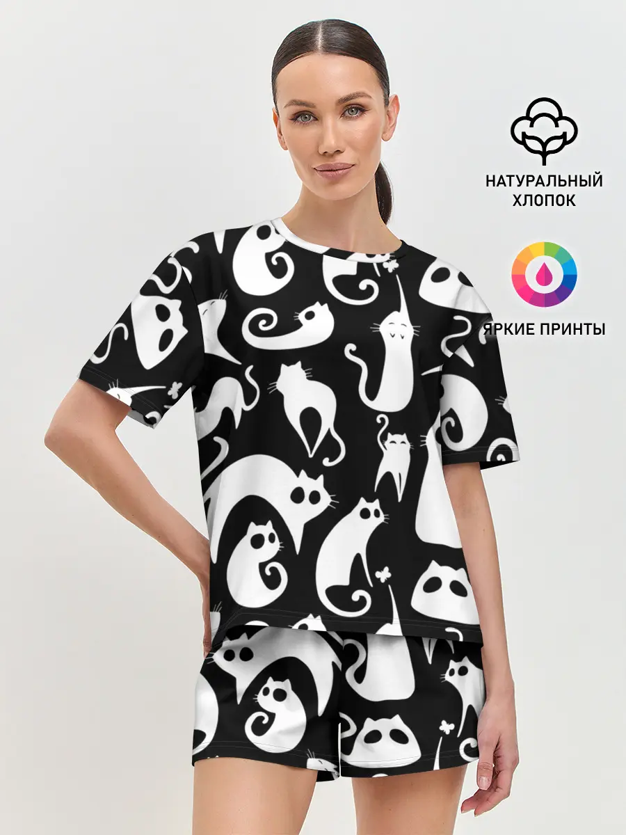 Женская пижама с шортами / Белые коты на черном фоне