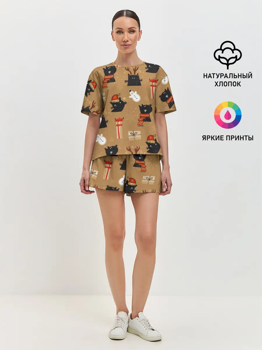 Женская пижама с шортами / Черные новогодние коты