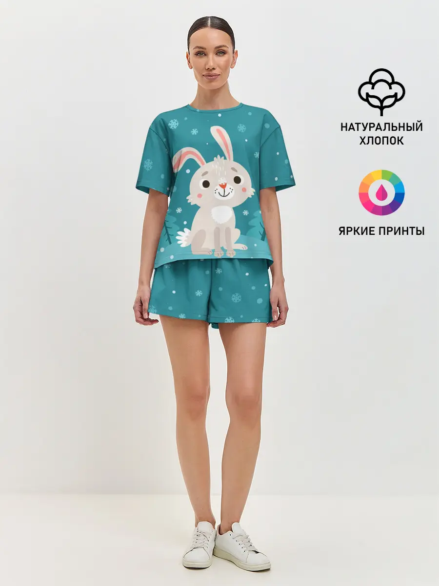 Женская пижама с шортами / Новогодний зайчик