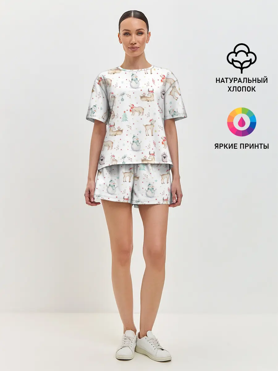 Женская пижама с шортами / Паттерн с оленями и медведями