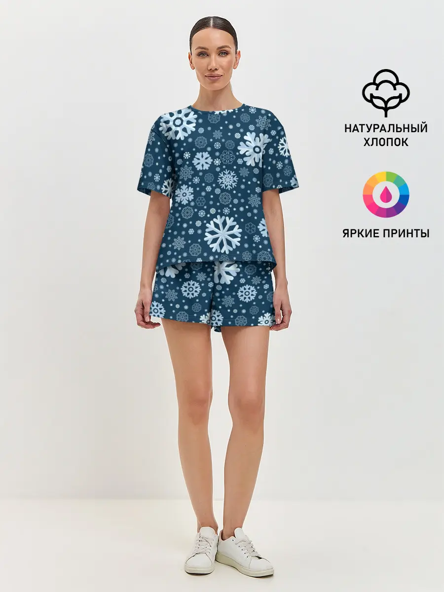 Женская пижама с шортами / Новогодние снежинки, новый год