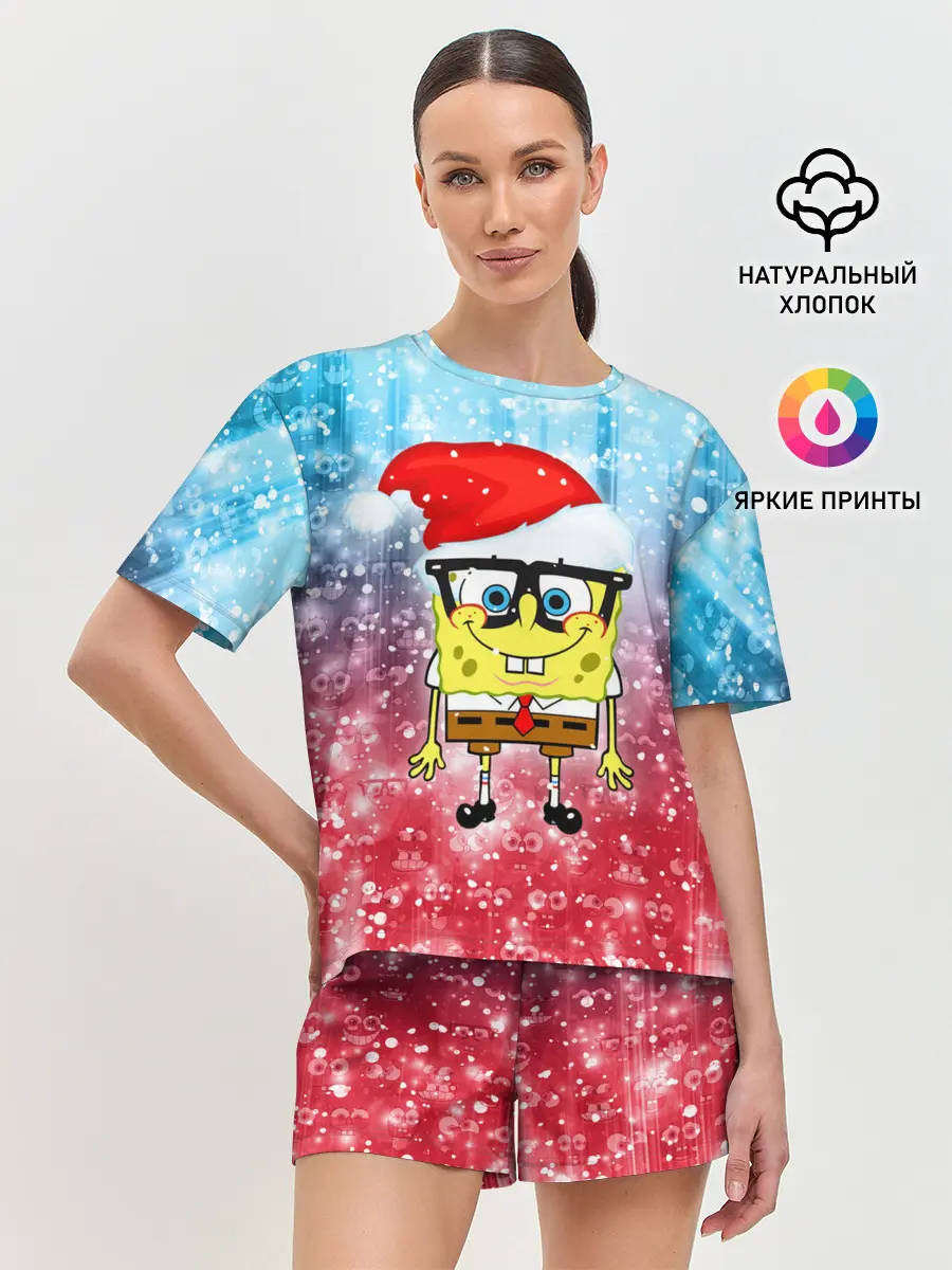 Женская пижама с шортами / Новогодний Спанч Боб